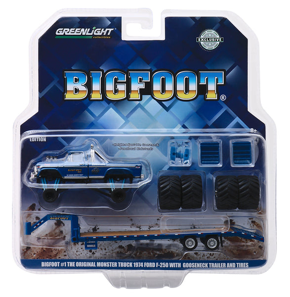 BIGFOOT #1 (1974 ORIGINAL FORD F-250) ON GOOSENECK TRAILER W/REGULAR AND REPLACEMENT 66" TIRE 1:64 GREENLIGHT DIECAST