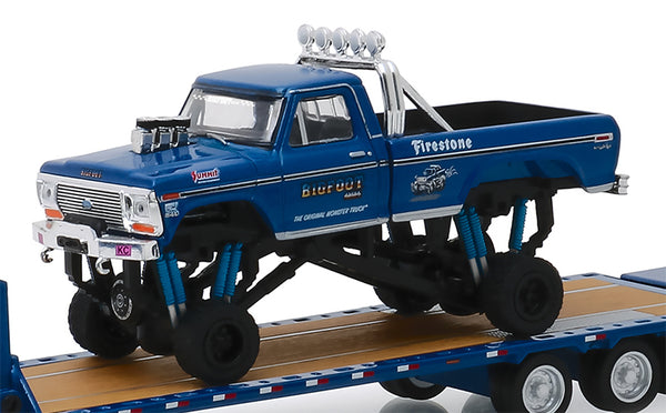 BIGFOOT #1 (1974 ORIGINAL FORD F-250) ON GOOSENECK TRAILER W/REGULAR AND REPLACEMENT 66" TIRE 1:64 GREENLIGHT DIECAST